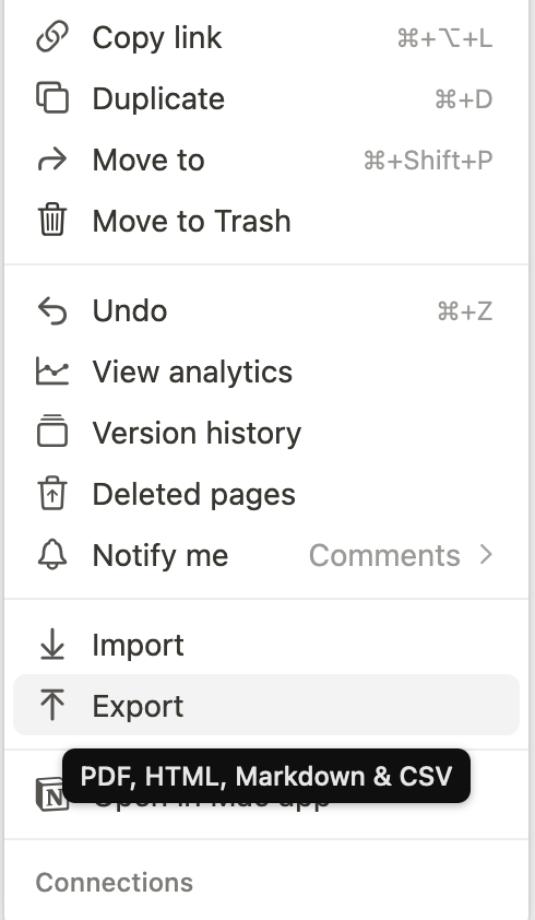 Exporting a single page to Markdown in Notion (sidebar menu)