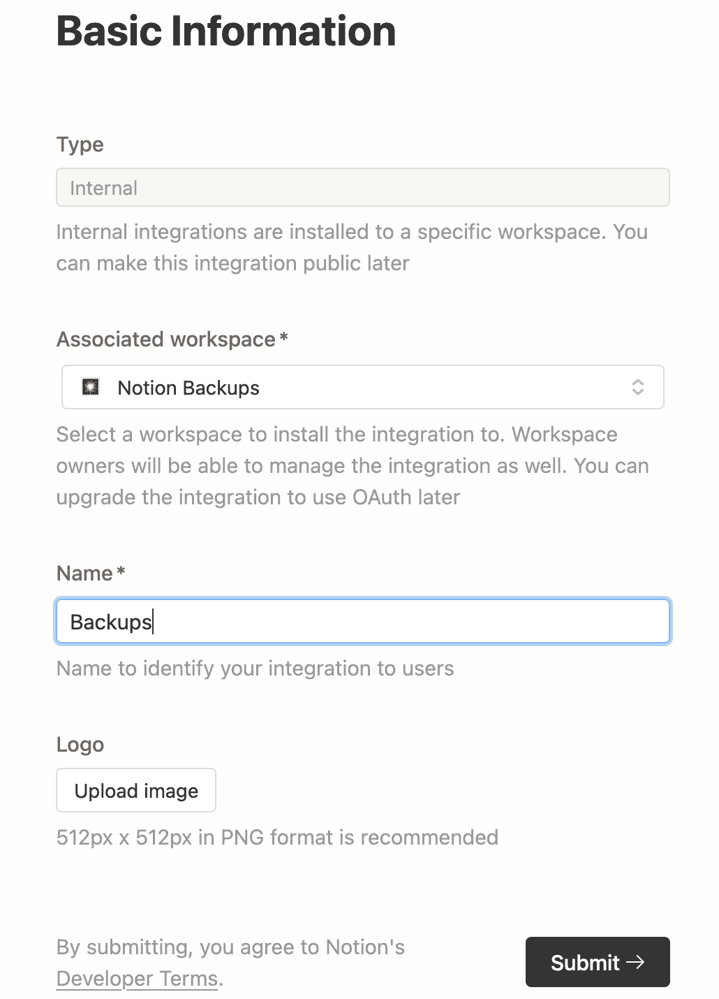 Creating internal integration in Notion