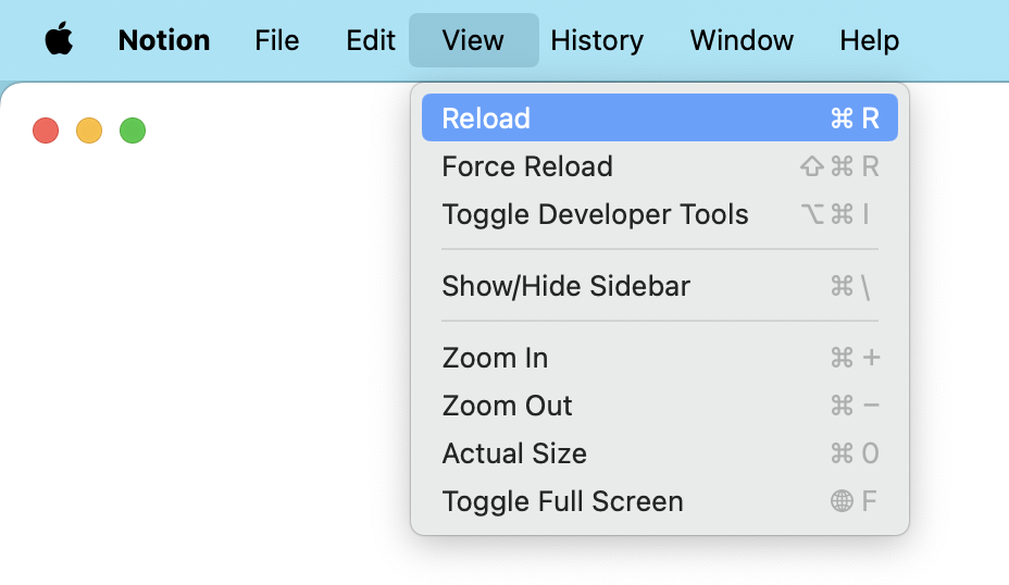 Reloading Notion MacOS app view