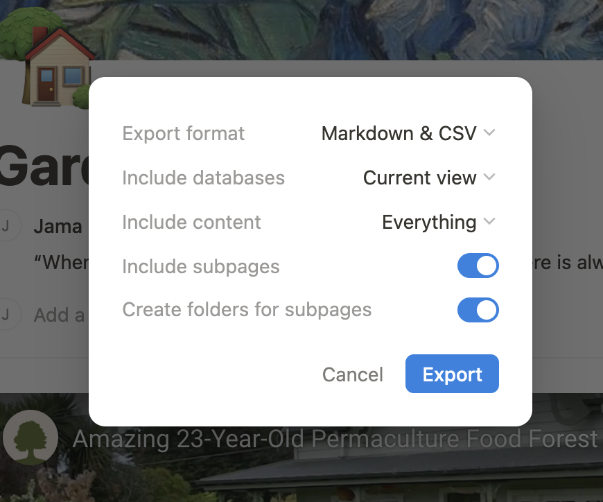 Exporting a single page to Markdown in Notion (modal)