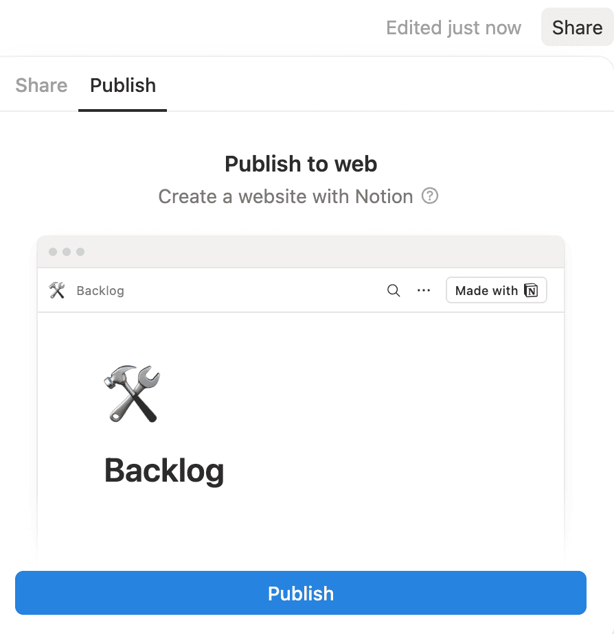Notion Share menu showing the Publish tab with the Publish to web option