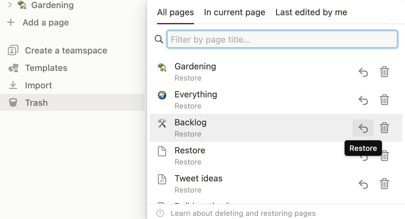 Trash section in Notion, displaying deleted pages